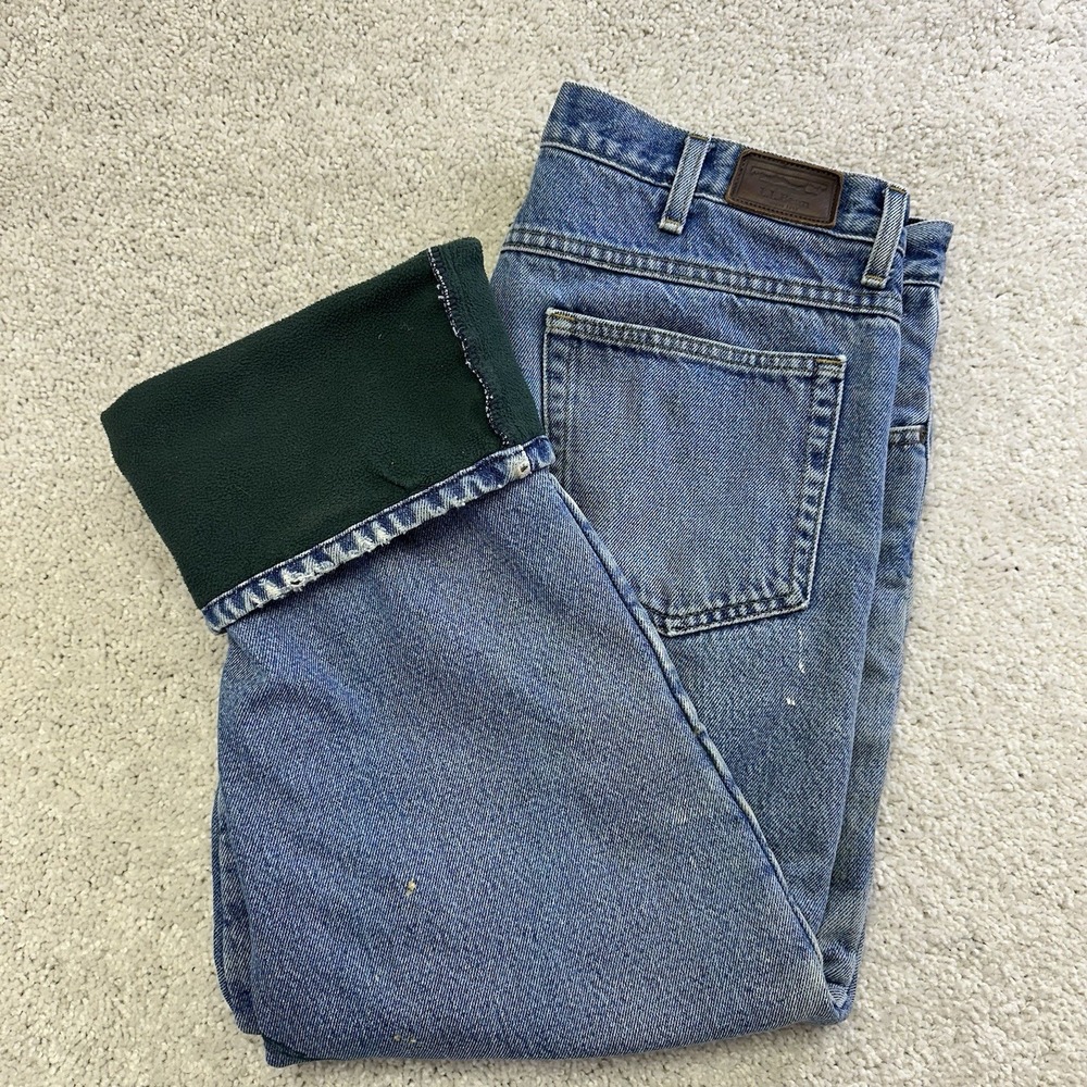 vtg 90s LL BEAN fleece lined denim jeans 36x29 straight leg stonewash faded